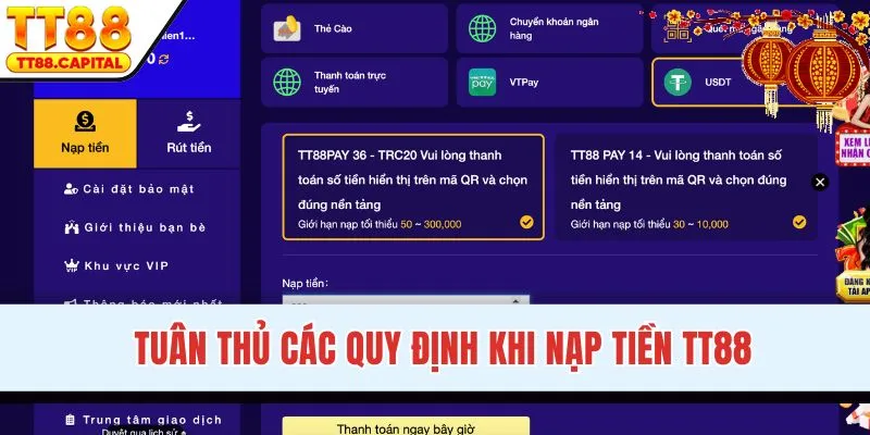 Tuân thủ các quy định khi nạp tiền TT88